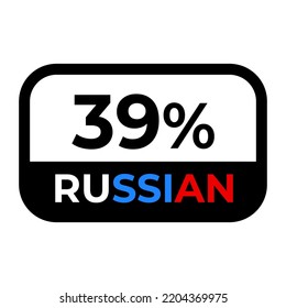 Cartel "39% ruso" con frontera negra. Ilustración vectorial de la etiqueta con un tipo de letra elegante con colores blanco, azul y rojo
