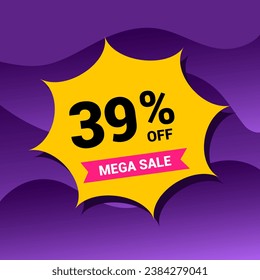 39% sale badge vector illustration on a purple gradient background. Thirty nine percent price tag. Yellow and purple.