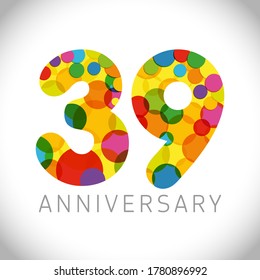 Números de 39 años. Felicitaciones multicolores de 39 años. Un concepto de felicitación muy agradable. Plantilla de diseño gráfico abstracto aislada. Signo decorativo
