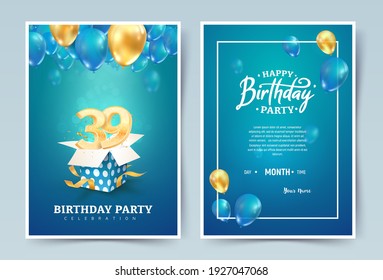 39 th years birthday vector invitation double card. Thirty nine years anniversary celebration brochure. Template of invitational for print on blue background