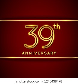 39 / Thirty Nine Years Anniversary Logo with Shiny Golden Number on Red Background Isolated. 39th Celebration Event. Can Use for Poster, Invitation and Greeting Card. Easily Editable Vector.