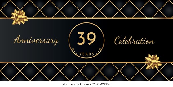 39 Year Anniversary Celebration with Gold Bow for Celebration Events, Wedding, greeting card, birthday party, and Invitation Isolated on Black Background. 39 Years Anniversary Logotype Vector