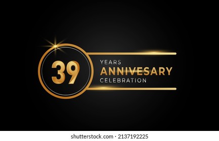 39 Year Anniversary Celebration Golden and Silver Color with Circle Ring for Celebration Event, Wedding, Greeting card, and Invitation Isolated on Black Background