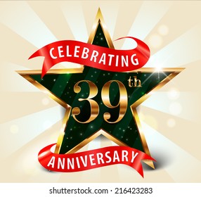 39 year anniversary celebration golden star ribbon, celebrating 39th anniversary decorative golden invitation card - vector eps10