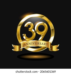 39 year anniversary celebration logo design with golden circle, vector illustration