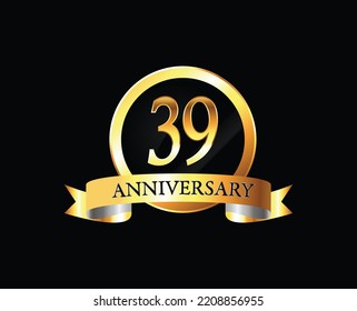39 Year Anniversary celebration Vector Design with ring and ribbon. 39th Anniversary celebration. Gold Luxury Banner of 39th Anniversary celebration. thirty-nine celebration card. Vector anniversary