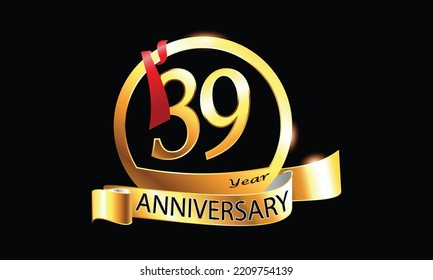 39-jähriges Jubiläum Vector Design mit Ring und rotem Band. 39. Geburtstagsfeier. Gold Luxury Banner des 39. Jahrestags. neununddreißig Gewinnkarten. 