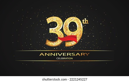 39 Year Anniversary celebration Vector Design with red ribbon and glitter. 39th Anniversary celebration. Gold Luxury Banner of 39th Anniversary. celebration card