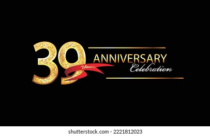 39 Year Anniversary celebration Vector Design. 39th Anniversary celebration. Gold Luxury Banner of 39th Anniversary celebration with red ribbon and glitter. Background celebration. Vector anniversary