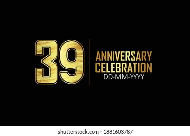 39 year anniversary celebration Yellow Golden Color Sporty Design logotype. anniversary logo isolated on Black background, for celebration, invitation card, and greeting card - Vector