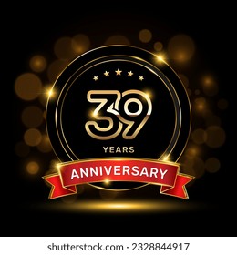 39 year anniversary logo with a gold emblem shape and red ribbon, logo template vector