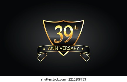 39 year anniversary logo with golden shield and ribbon. Dark concept anniversary. 39th Anniversary celebration background. thirthy-nine anniversary banner vector