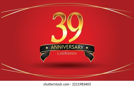 Aniversario de 39 años con antecedentes rojos. Cartel del 39 aniversario de oro. celebración del aniversario rojo. Aniversario dorado con cinta de oro