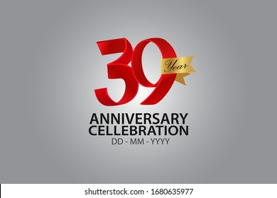 39 Year Anniversary Red Color Ribbon style with Golden Ribbon Color on Grey Background - Vector