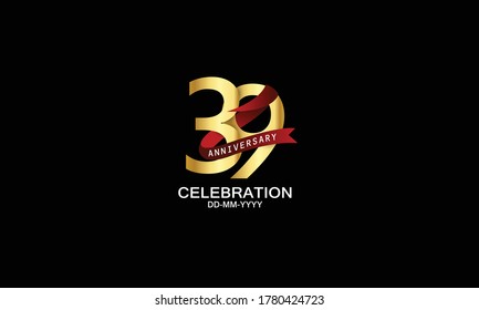 39 year anniversary red ribbon celebration logotype. anniversary logo with Red text and Spark light gold color isolated on black background, design for celebration, invitation - vector