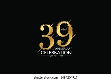 39 year minimalist logo years, jubilee, greeting card. Birthday invitation. Sign Gold space vector illustration on black background - Vector