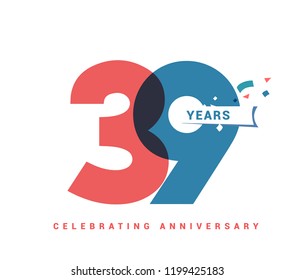 39 years anniversary celebration colorful logo with fireworks on white background. 39th anniversary logotype template design for banner, poster, card vector illustrator