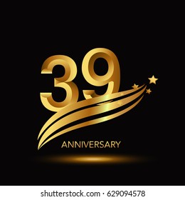 39 Years Anniversary Celebration Design. - gold swoosh and star on black background