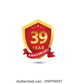 39 Years Anniversary Celebration Emblem Red Gold Vector Template Design Illustration