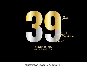 39 Years Anniversary Celebration gold and silver Vector Template, 39 number logo design, 39th Birthday Logo,  logotype Anniversary, Vector Anniversary For Celebration, poster, Invitation Card