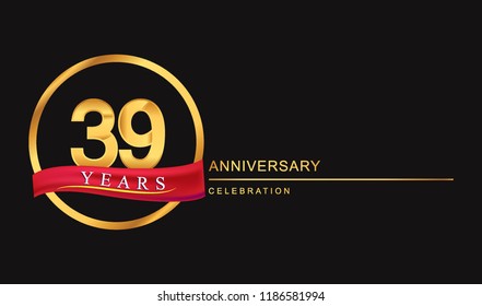 39 years anniversary celebration with golden color and ring, red ribbon for anniversary celebration