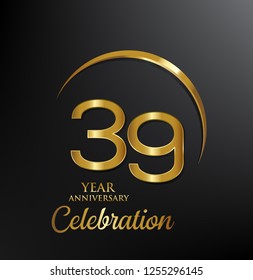 39 years anniversary celebration. Anniversary logo with swoosh and elegance golden color isolated on black background, vector design for celebration, invitation card, and greeting card