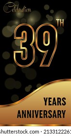 39 years anniversary celebration. Anniversary logo with ring and elegance golden color isolated on black background, vector design for celebration, invitation card, greeting card, and banner