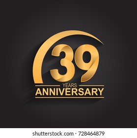 39 years anniversary celebration. Anniversary logo with swoosh and elegance golden color isolated on black background, vector design for celebration, invitation card, and greeting card