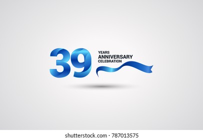 39 Years Anniversary celebration logotype colored with shiny blue, using ribbon and isolated on white background