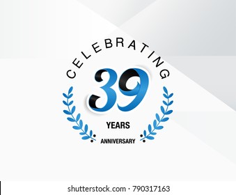 39 Years Anniversary celebration logotype , using combination blue and black colored font with laurel, isolated on white background