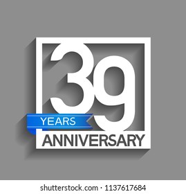 39 years anniversary celebration square style blue ribbon isolated on gray background