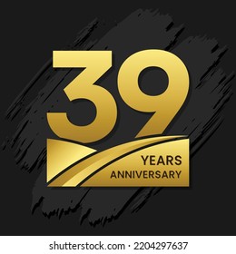 39 years anniversary celebration, anniversary celebration template design with gold color isolated on black brush background. vector template illustration