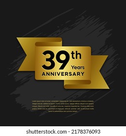 39 years Anniversary celebrations logo with ribbons. Gold color is elegant and luxurious. Logo vector template