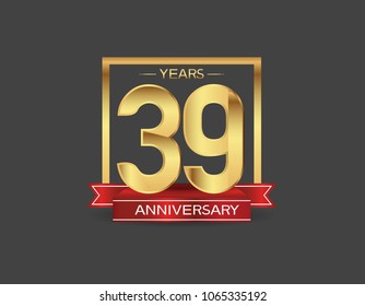 39 years anniversary design logotype golden color with square and red ribbon for celebration event isolated on black background