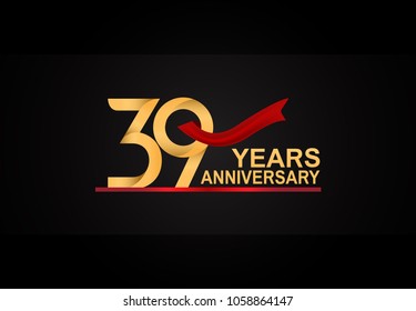 39 years anniversary design with red ribbon and golden color isolated on black background