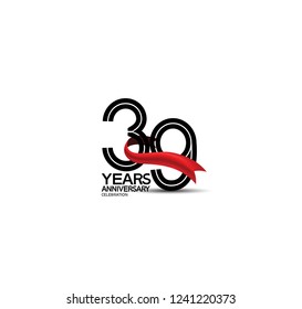 39 years anniversary flat black color and red ribbon isolated on white background