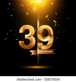 39 Years Anniversary with gold stylized number and confetti. Applicable for brochure, flyer, Posters, web and Banner Designs. Vector illustration.