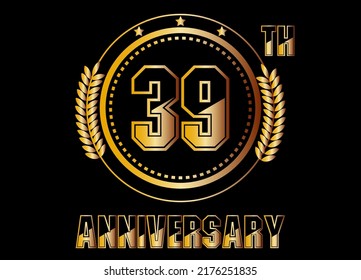 39 years anniversary. Gold vector with rings for 39 years anniversary celebration on black background.