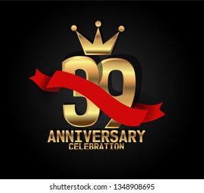 39 years Anniversary golden font with black background and red ribbon, and golden crown. Font with shadow and ribbon on top golden font. crown on the text. simple, luxury, and elegant design