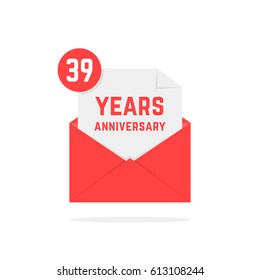 39 years anniversary icon in red open letter. flat style graphic art invitation card design on white. concept of 39th jubilee of company or human person and send sms with wish and congratulations
