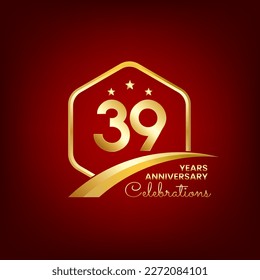 39 years anniversary inside of gold hexagon and curve with red backgrounds