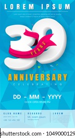 39 years anniversary invitation card or emblem - celebration template design , 39th anniversary modern design elements with  background polygon and pink ribbon - vector illustration.