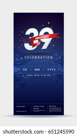 39 years anniversary invitation card - celebration template design with dark blue background - vector illustration