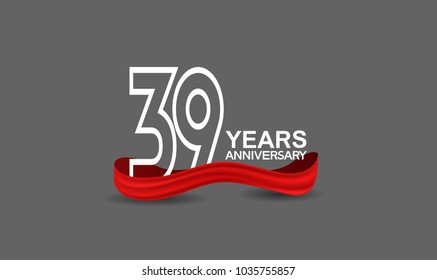 39 years anniversary line style white color with red color ribbon isolated on dark grey background