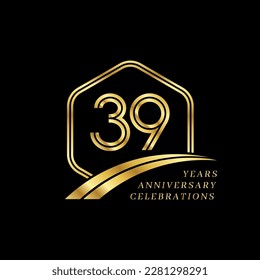 39 years anniversary. Lined gold hexagon and curving anniversary template.