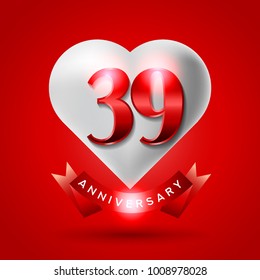 39 Years Anniversary Logo Celebration With Love And Ribbon. Valentine’s Day Anniversary.