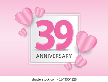 39 Years Anniversary Logo Celebration With heart background. Valentine’s Day Anniversary banner vector template