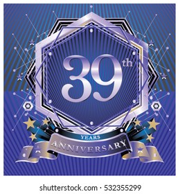 39 years anniversary logo celebration with ring and ribbon. Symbol and template for greeting card