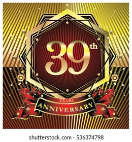 39 years anniversary logo celebration with ring and ribbon. Symbol and template for greeting card