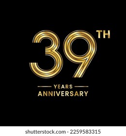 39 years anniversary logo design with golden numbers and text for anniversary celebration event, invitation, wedding, marriage, greeting card, banner, poster, flyer, brochure. Logo Vector Template